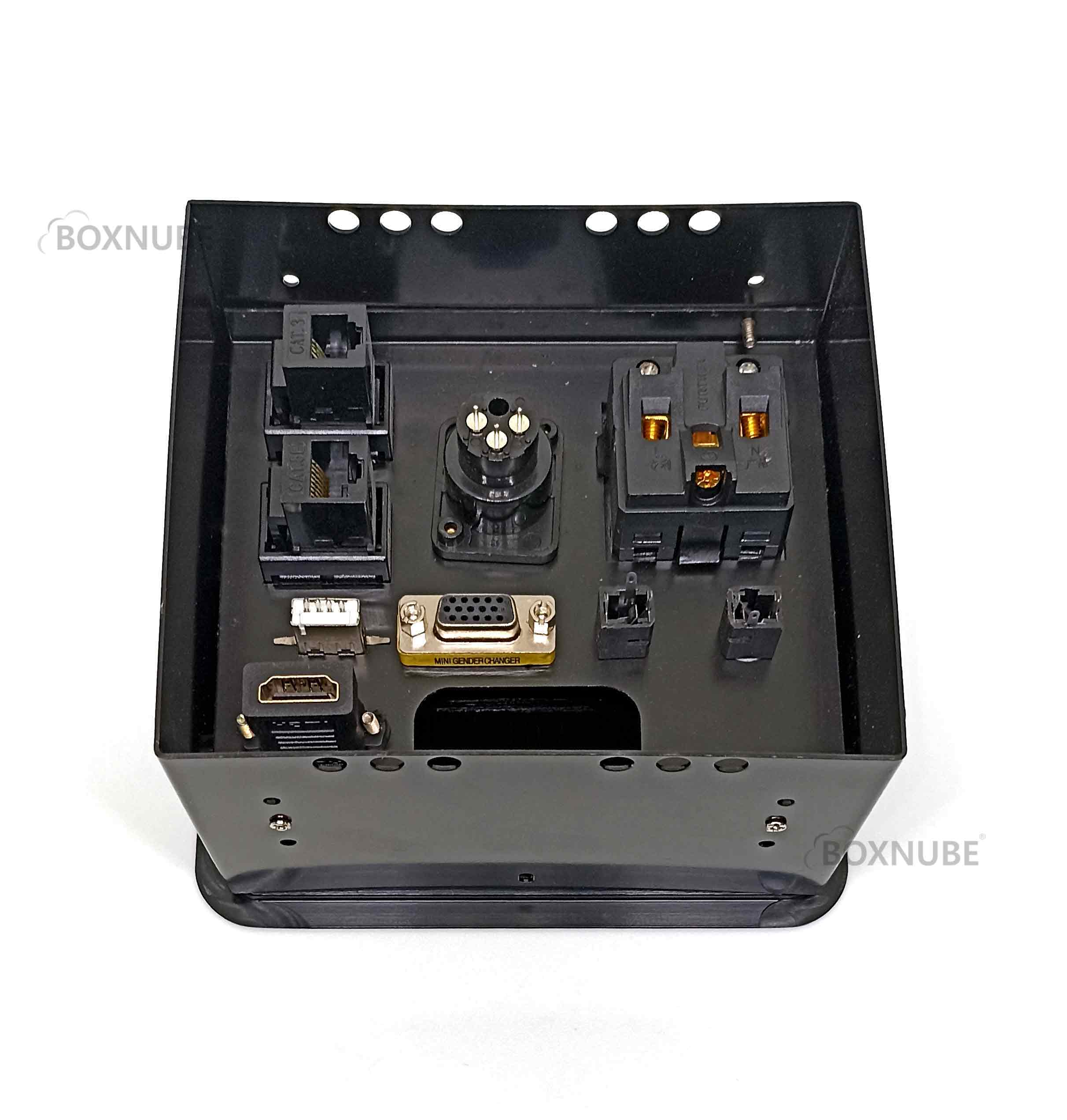 BOXNUBE Fliptop Box Cable Cubby Extension Board with Universal Power Socket, XLR, LAN, Telephone (CAT3 / RJ11), HDMI , VGA , Aux, USB Ports (Black) BOXNUBE Fliptop Box Cable Cubby Extension Board with Universal Power Socket, XLR, LAN, Telephone (CAT3 / RJ11), HDMI , VGA , Aux, USB Ports (Black)